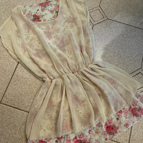 Beige Sleeveless Dress with Floral Designs - Picture 3 of 5